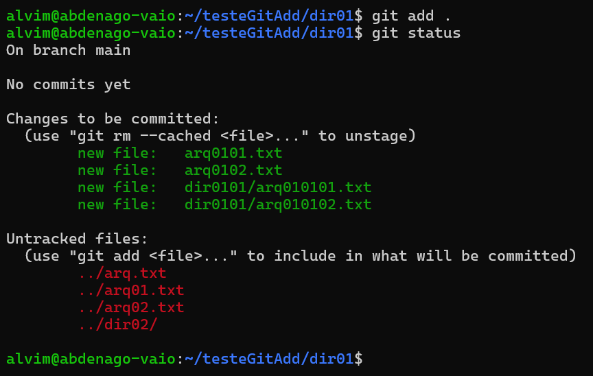 comando git add . no diretório dir01 que está dentro do diretório raiz do projeto